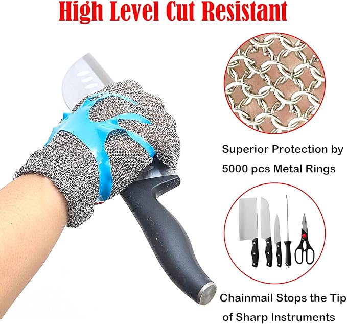 Highest Level Cut Resistant Gloves Food Grade,Chainmail Gloves for Cutting Meat&Food,Spring Wristband,Stainless Steel Mesh Metal Glove,Safety Work Cut Proof Glove for Chef/Butcher(L)