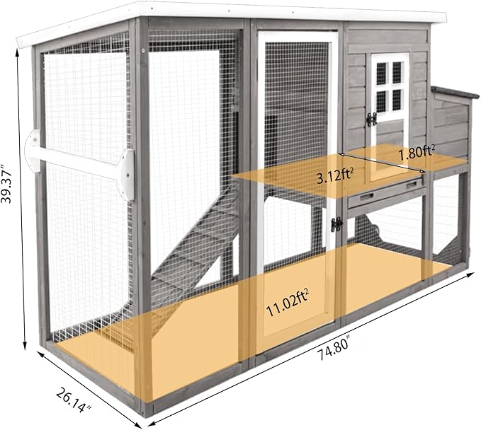 Chicken Coop Solid Wood with Large Run Cage 2 Stories - Asphalt Roof, Nest Box, Pu Wheels, Pole Chicken Perch