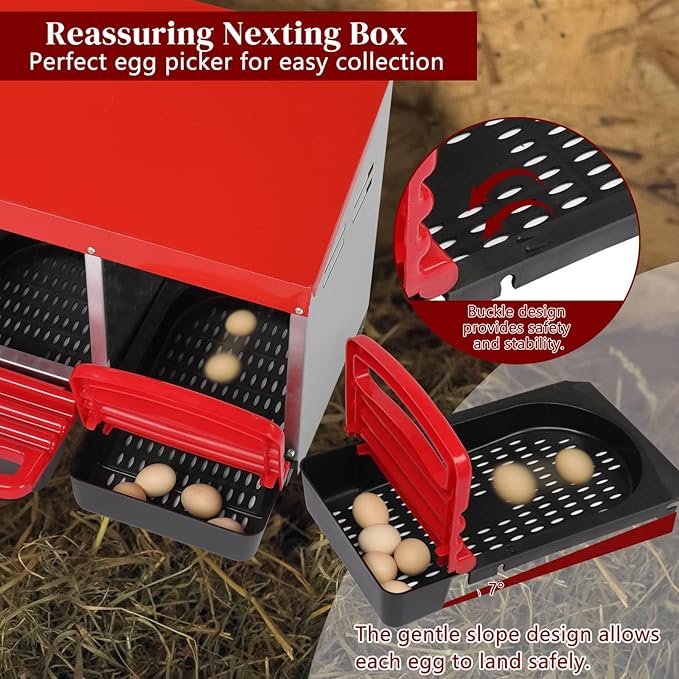 3-Compartment Chicken Nesting Boxes with Perch Cover, Roll Out Brooder Box for Chicks, Pull Out Egg Collection Tray and Protection, Durable Steel & Plastic Construction, Chicken Coop (Red)