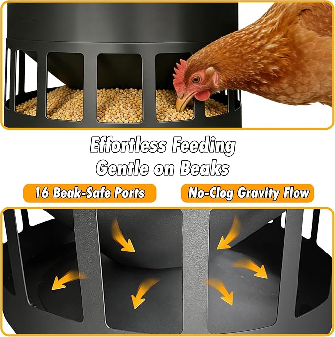 50LB Large Capacity No-Waste Chicken Feeder - Automatic Gravity Dispenser with 16 Feeding Ports, Spill-Control Design, Rust-Proof Powder Coated Metal Poultry Feeder for Coop & Outdoors