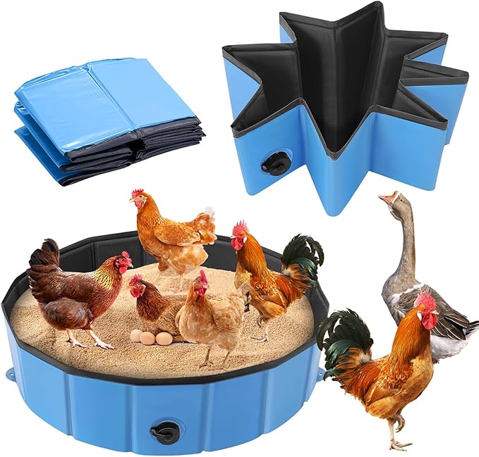 Chicken Dust Bath Tub (32'' D * 8'' H), Foldable Design Extra Tough PVC Material Chicken Coop Lime, Dust Bath for Chickens, Chicken House Cleaner Container, Essential Chicken Coop Accessories Blue