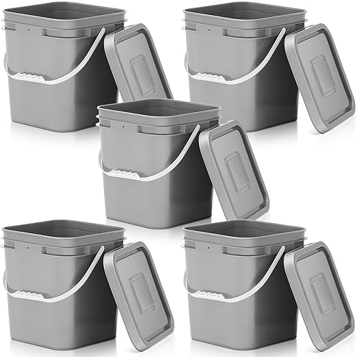 Mumufy 5 Pcs 3.5 Gallon Square Food Grade Bucket with Lid Square Bucket Pail Plastic Handles for Long Term Food Storage, Camping, Fishing, Home Organization Easy Stack and Store (Gray)