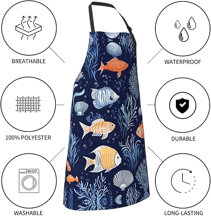 Kitchen Aprons for Men Women Waterproof Apron with 2 Pockets Whale Tail Apron Adjustable Bib Aprons