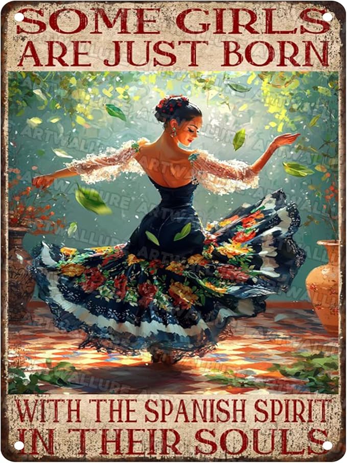 Vintage Metal Tin Sign Spanish Spirit in Their Souls Rustic Wall Art for Kitchen Decor Spanish Theme Home Flamenco 12x16inch