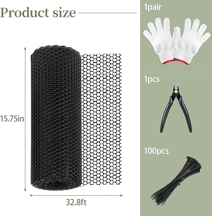 Plastic Chicken Mesh 1.3ft x 33ft (15.7" x 360") Chicken Fencing Black Chicken Mesh with Gloves Zip Ties Scissors Floral Chicken Wire Ideal for Poultry Fencing