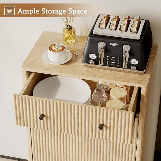 Single 10 Gallon Wood Grain Tilt-Down Trash Can Cabinet with Storage Drawer,Wood Grooved Recycling Cabinet with Wave Texture Hidden Pull-Out Trash Can for Kitchen,Bathroom (Trash Can Cabinet-Wood)