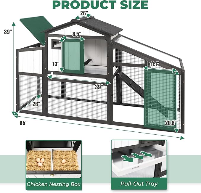 Large Chicken Coop with Run, Wooden Chicken Hen House Quail Coop with 2 Nesting Box, UV-Resistant Roof, Pull Out Tray, Outdoor Poultry Hutch Cage for Chickens Quails