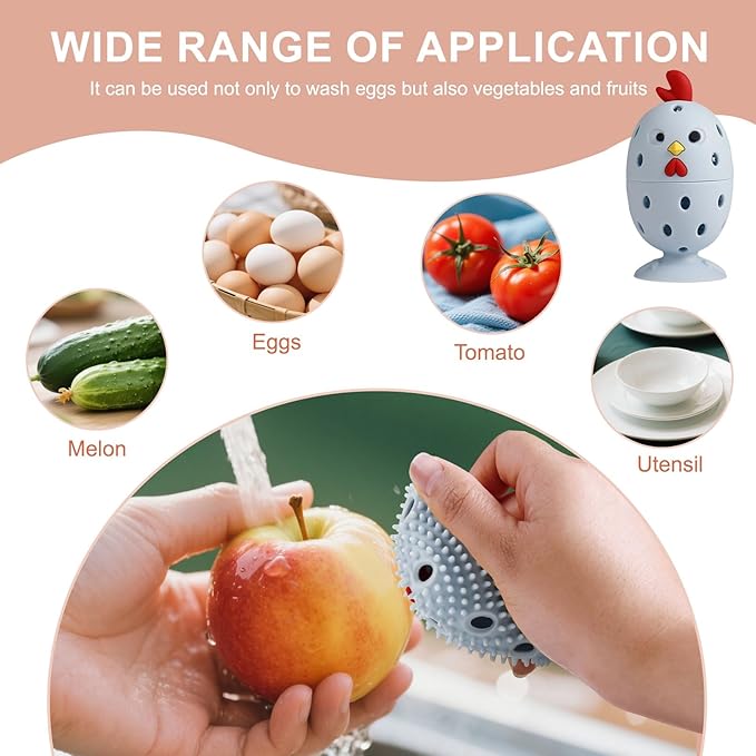 4PCS Rotating Egg Scrubber for Fresh Eggs, Silicone Cleaning Brush Set, Egg Wash Brush Multipurpose for Fruits Vegetables Chicken Eggs (Blue)