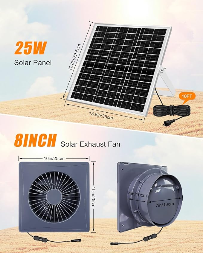 8" Solar Fan for Greenhouse, Coop and Attic – 25W Solar Panel and 10FT Adapter, High-Speed Waterproof Exhaust Fan with Anti-Backflow Valve