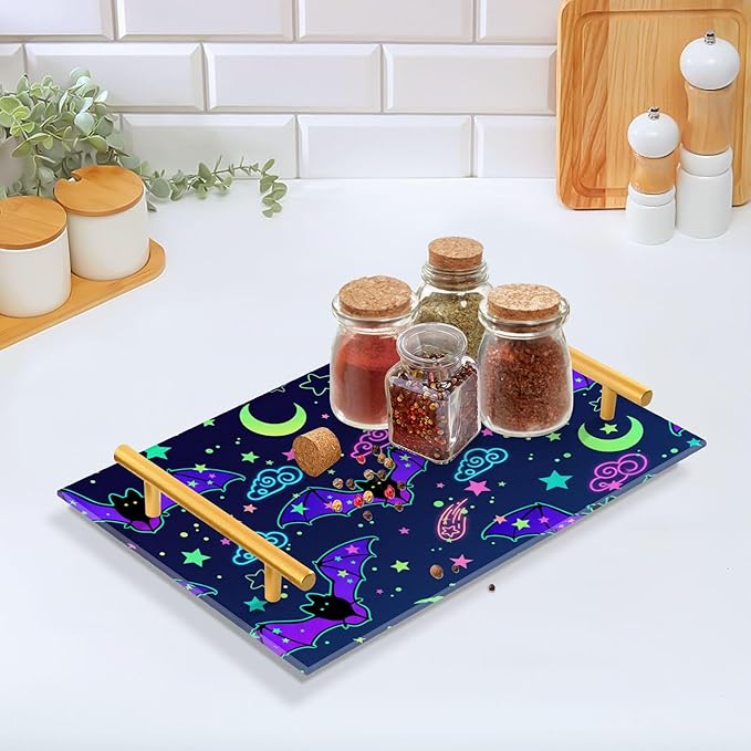 Bathroom Vanity Tray Counter Organizer, Depicting Bats Decorated Bright Decorative Tray with Handles Countertop Storage for Bathroom Bedroom Kitchen Home Farmhouse