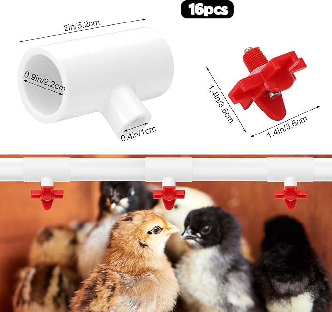 16 Pack Automatic Chicken Nipples Waterer, Horizontal Chicken Waterer Nipples with 1/2'' PVC Tee Fittings DIY Auto Chickens Waterering System Waterer Drinker and for Ducks Quail and Other Poultry