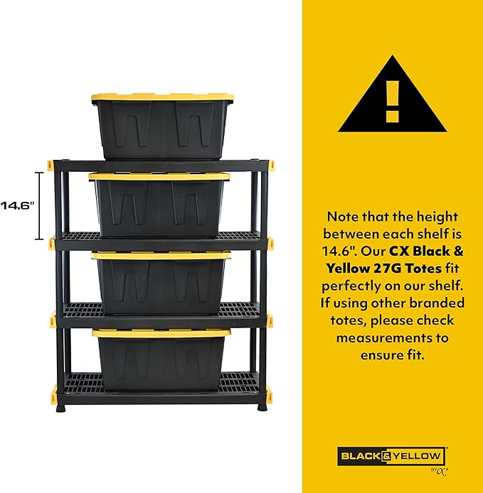 CX Black & Yellow 4-Tier Heavy Duty Storage Shelves and 8 Heavy Duty Storage Bins with Lids, 4 Shelves that Support up to 200lbs/shelf + 27 Gallon Containers (8-Pack), Organization and Storage