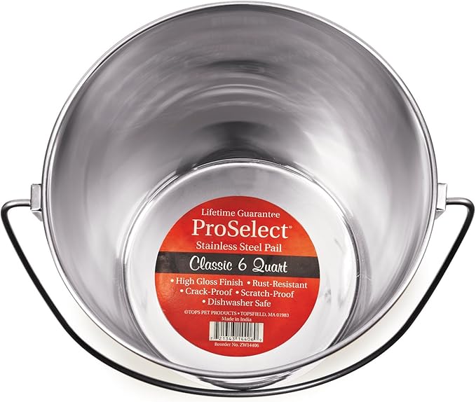 ProSelect Heavy Duty Stainless Steel Pails — Durable Pails for Kennels and Farms - 8¾", 6-Quart