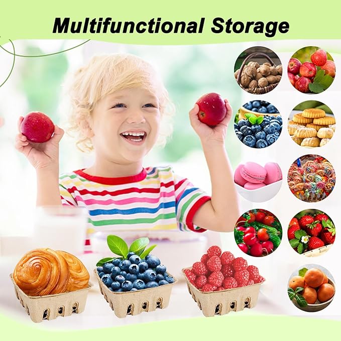 Berry Basket Pulp Containers – Natural Produce Holder Tray, Disposables Storage Basket | Vented Fruit Container Box, Eco Kitchen Supply Set, Large Pack Garden Stand Packaging For Strawberry, Cherries