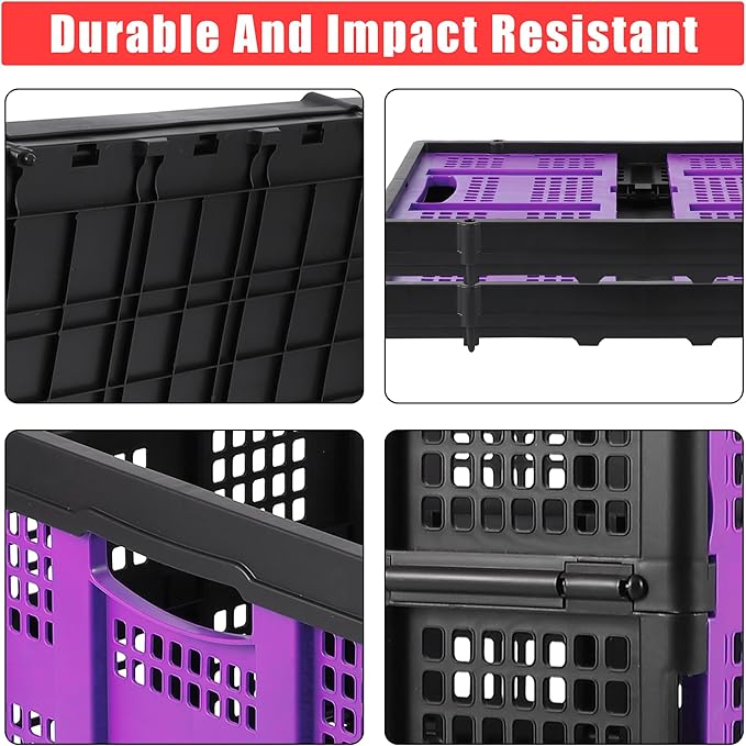 14.5 Gallon Purple Collapsible Milk Crate, Heavy-Duty Plastic Storage Container with Handles, 55 LBS Load Capacity Stackable Folding Bin for Home Office Farm Garage Basement.