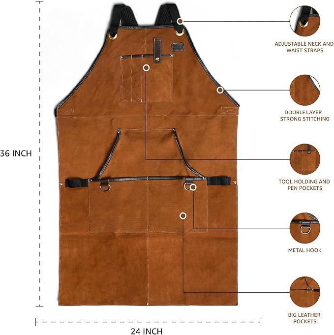 LEATHER VILLAGE Work Apron - Heavy Duty Woodworking Apron for Men with Tool Pockets for Woodworkers, Blacksmiths, Carpenters – Tan Color (Size M to XXL)