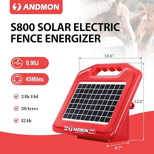Andmon 50 Miles Solar Electric Fence Charger, 0.95 Joule High-Power Solar Fence Charger for Livestock, Horses, and Wildlife Control, Solar Electric Fence with Easy Installation