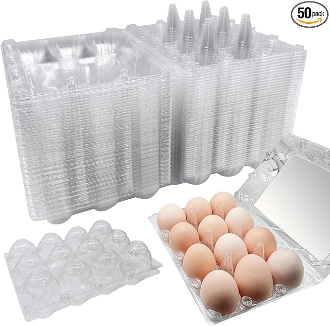 50 Pack Plastic Egg Cartons with Sticker Labels for 12 Eggs，Containers Cheap Bulk for Egg Storage and Transport Refrigerator, Family, Chicken Farm, Market, Camping