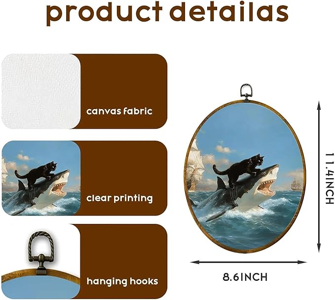 zewepri Cat Biting Shark Painting – 8.6×11.4 inches, high-density canvas, funny wall art, with pre-installed hook for easy hanging, ideal for bedroom, living room, study, and a gift for art lovers.