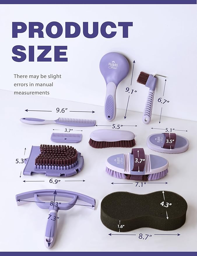 11-Piece Professional Horse Grooming Kit with Waterproof Tote Bag, Non-Slip Silicone Grip Brush Set, Curry Comb, Hoof Pick & Mane Comb Sugar Taro
