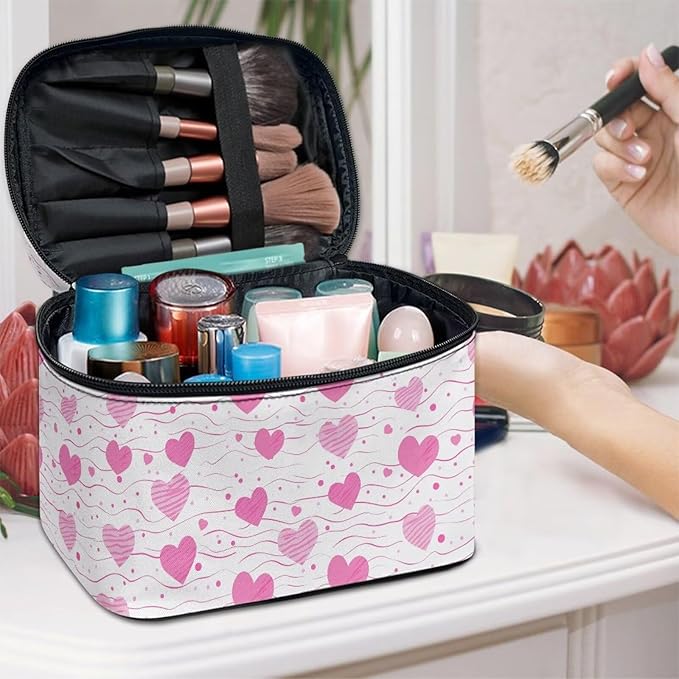 Travel Makeup Bags for Women Portable Tote Cosmetic Case with Carry Handle Toiletry Accessories Storage Organizer Bags for Valentine's Day, Heart Shapes Pink