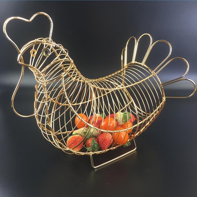 Metal Wire Egg Basket, Egg Holder Organizer, Rustic Decorative Hen Shaped Food Storage Basket for Gathering, Countertop