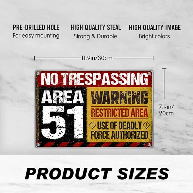 Area No Trespassing Warning Restricted Deadly Force Authorized Metal Sign 12 x 8 Inch Vintage Wall Decor For Garage Bar Man Cave Game Room Aluminum Indoor