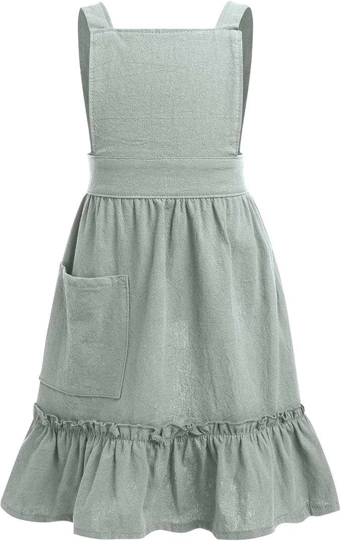 IWEMEK Kids Aprons for Girls Cooking Child Cotton Linen Apron Dress with Pockets Art Baking Gardening Painting Apron Pinafore