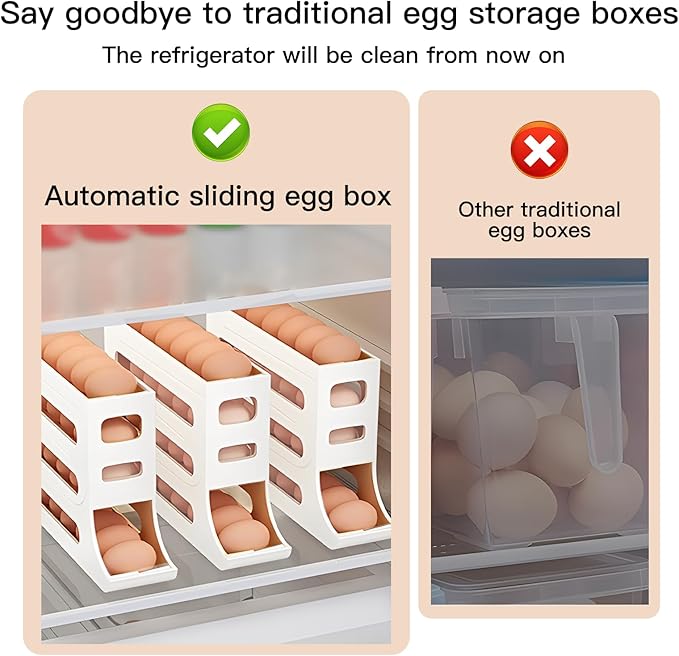 Automatic Rolling Egg Storage For Refrigerator, Fridge Organizer, Space Saving Refrigerator Egg Holder For Fridge ,Holds 28 Egg Storage，for Refrigerator,Kitchen,Cabinets,Tabl (White)