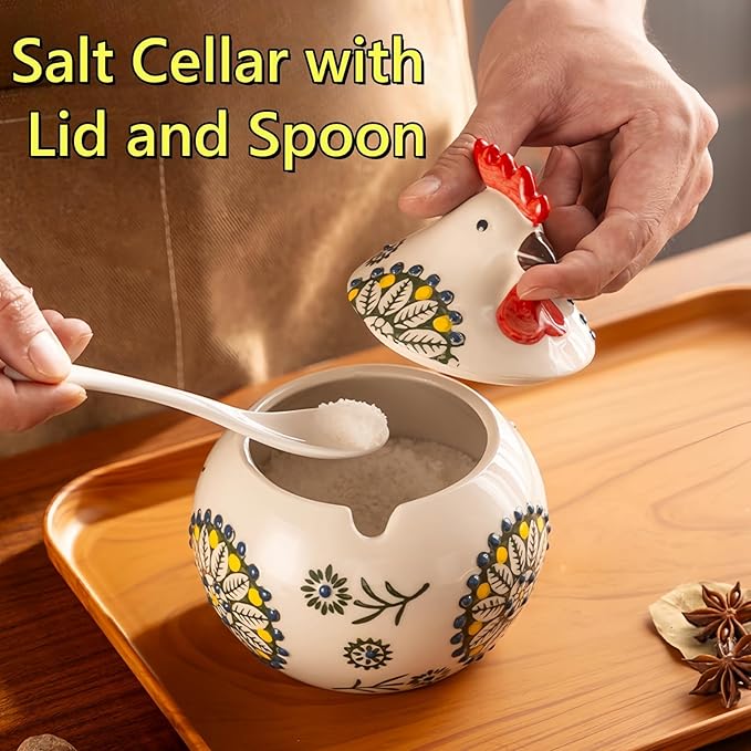 Ceramic Salt Cellar with Lid and Spoon, 13 OZ Large Chicken Salt Jar, Salt Holder for Counter, Coffee, Sugar, Spices and Candies, Salt Containers for Countertop (Red)