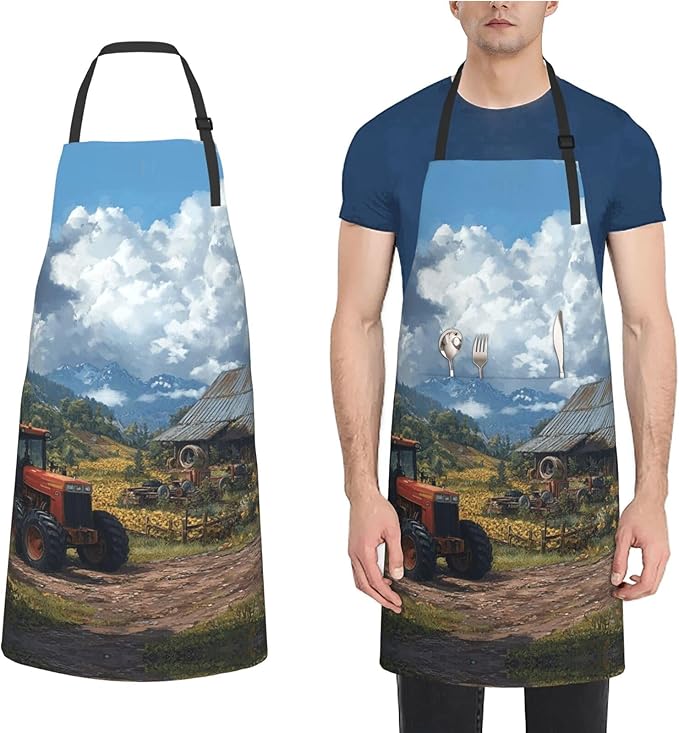 Kitchen Aprons for Men Women Waterproof Apron with 2 Pockets Skis on mountain Apron Adjustable Bib Aprons