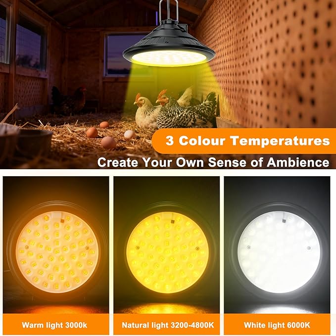 Solar Chicken Coop Light with Timer | 3-Color Dimmable LED, IP66 Waterproof & 16.4ft Cord | Hanging Ceiling Pendant Light for Poultry Farms, Coops(with Solar Panels, Carabiner)