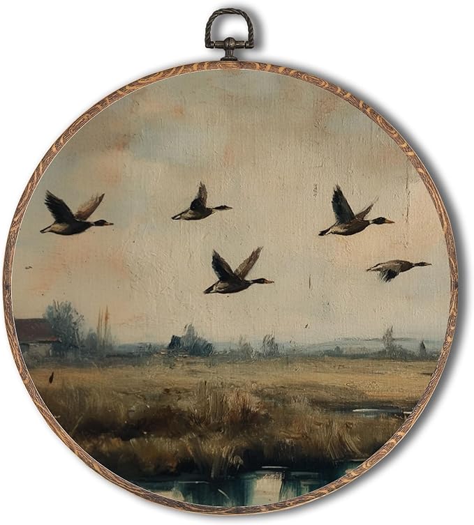 Yorhifa Vintage Flying Duck Framed Wall Art, Rustic Mallard Duck Round Wall Art, Farmhouse Farm Animal Round Walls Decor, Country Waterfowl Circle Canvas Artwork Hanging Decor, 10x10in