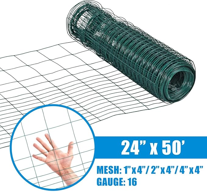 Fencer Wire 16 Gauge Green Vinyl Coated Rabbit Guard Fence, Poultry Fencing Wire Roll for Garden Yard Vegetable Plant, Protecting Against Rabbits, and Other Small Animals Damage (24 in. x 50 ft.)