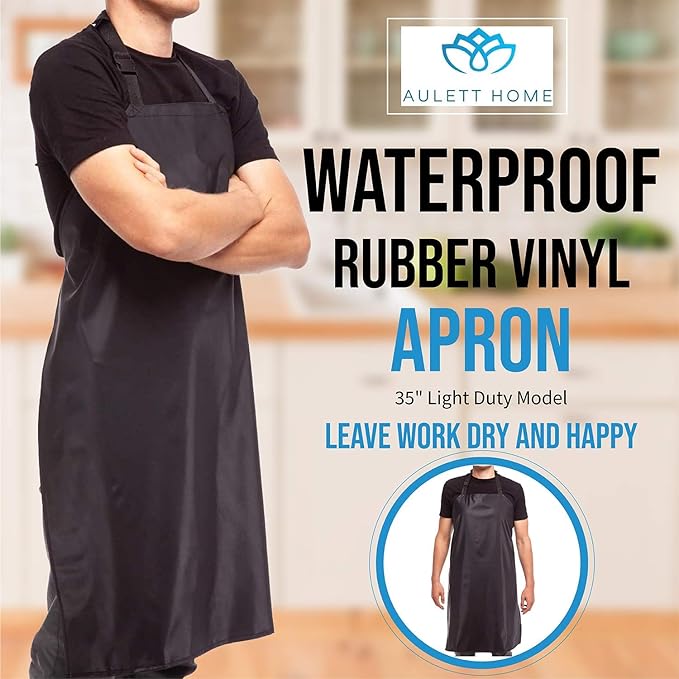 Aulett Home 35" Waterproof Rubber Black Vinyl Apron for Dishwashing, Lab, Butcher, Dog Grooming - Industrial Plastic