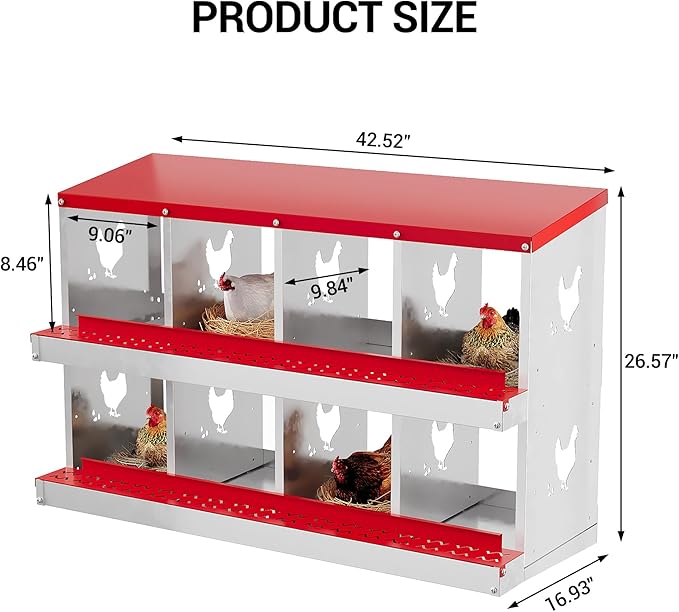 GarveeLife Nesting Boxes for Chickens, 8 Compartment Chicken Nesting Box, Metal Chicken Laying Boxes with Perch, Secure Lid, Versatile Wall Mount or Free Standing for Hens, Red