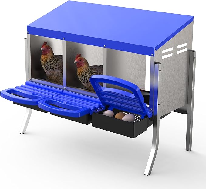 Chicken Nesting Box 3 Hole, Galvanized Steel Nest with Roll Away Egg Collection & Swing Perch, Easy-Clean Laying Box for Hens, Heavy Duty Design for Chicken Coop