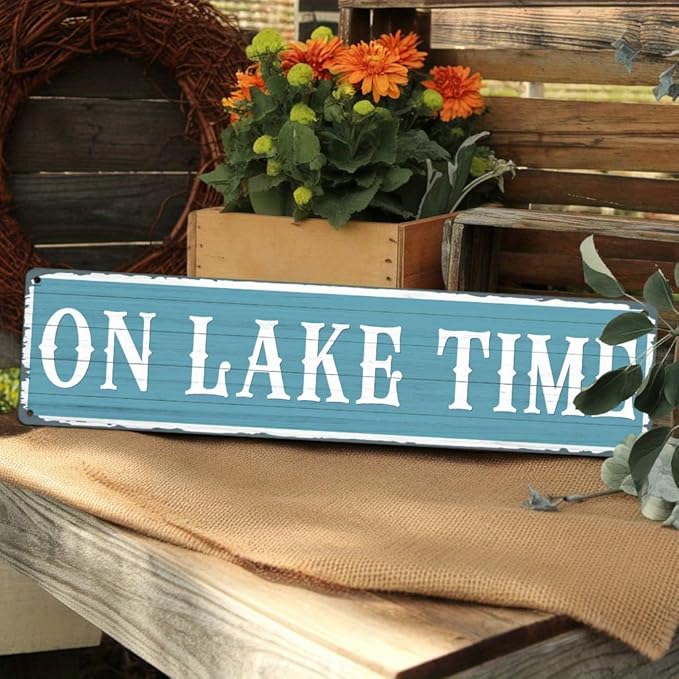 On Lake Time Metal Tin Sign Rustic Lake Decor Wall Hanging Art Vintage Style Wall Decor for Living Room Bedroom Cabin Porch Lake House 4x16 Inch