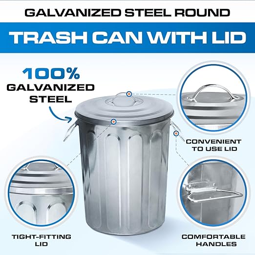 Plexon 20 Gallon Metal Trash Can and 5 Gallon Small Metal Trash Can with Lids Heavy-Duty Outdoor and Indoor Set for Storage Ash Bucket Bird Seed and Farm Use, Bundle