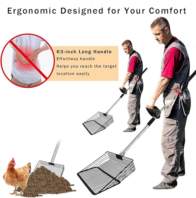 12" Metal Chicken Poop Scooper Rake for Sand with 24 to 68" Handle, Adjustable Chicken Poop Scooper for Poop, Wide 10”Poop Shovel Cleaning Tools, Heavy Duty Sifting Shovel (Black)