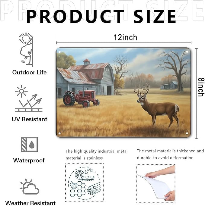 Deer Tractor Barn Farm Scenery tin sign Vintage Countryside Metal Sign Print Aesthetic for Garden Yard Bar Porch Home Bedroom Kitchen Wall Decor Gift 8 x 12 in