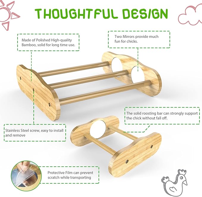 Bamboo Chick Perch with Mirror and Mini Roosting Bar Set for coop and brooder(2 Pack), Training Perch for Large Bird, Hens, Parrots, Macaw, Easy to Assemble and Clean,Fun Toys for Chicken