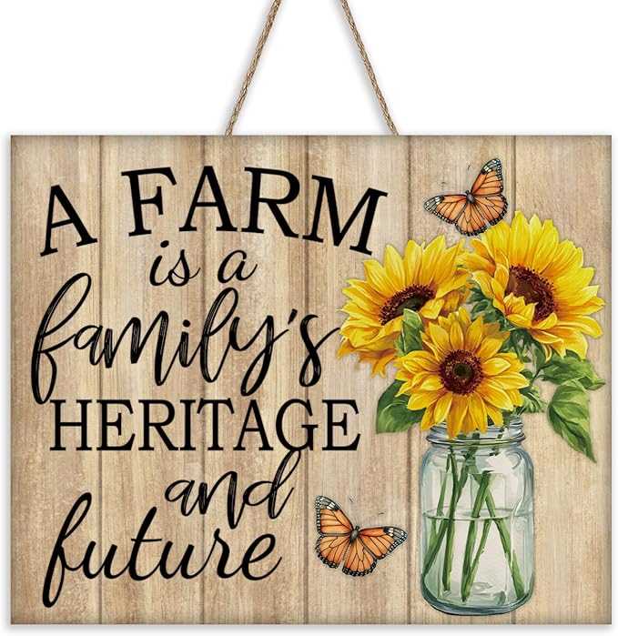 Farm Family Sunflower Front Door Sign, Spring Summer Flower Heritage Future Farmhouse Wood Hanger Home Decor, Fall Autumn Floral Rustic Wooden Wreath Indoor Wall Hanging Decoration