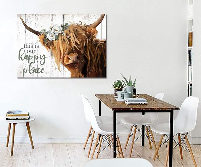 YPY Highland Cow Wall Art - This is Our Happy Place Inspirational Canvas Poster for Home - Long Haired Scottish Cow with White Flower Picture Farmhouse Kitchen Decor Framed (24"x36")