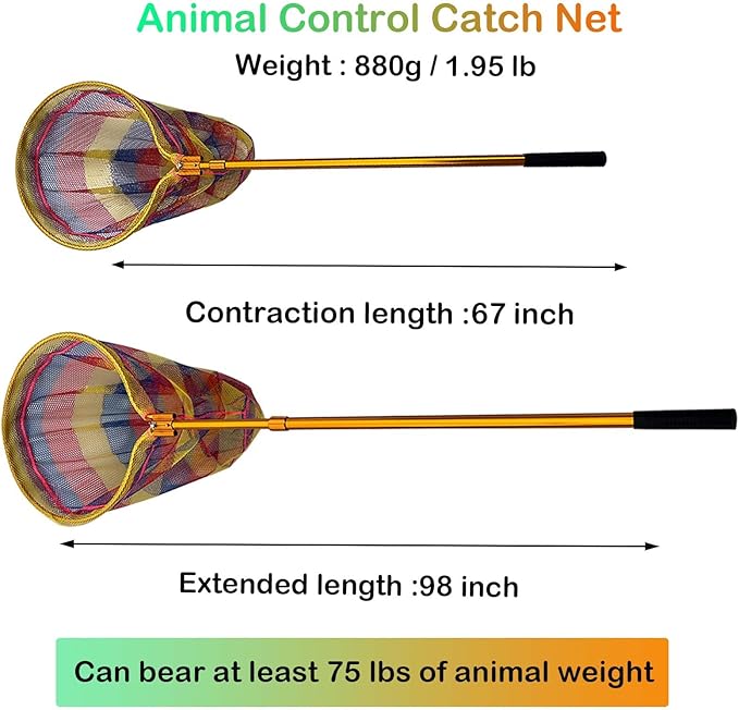 Animal Catch Pole Control Tool,Multi-Functional Catcher Net for Dog,Cat,Rabbit,Chicken,Duck,Goose,Fish,Bird,Raccoon and Others Poultry(67~98" Telescoping Handle with 20" Net Opening)