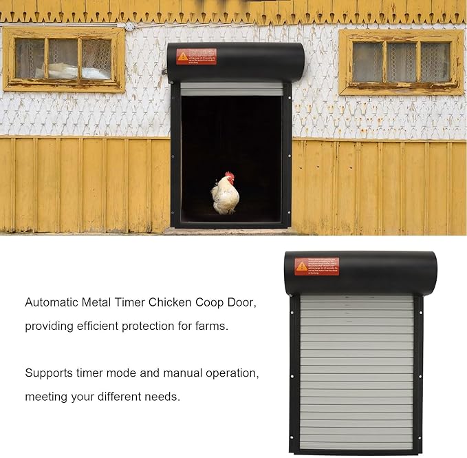 Automatic Chicken Coop Door, Solar Powered Timer Control with LED Display for Poultry Safety Duck Goose Farm, Metal Plastic Construction (Black)