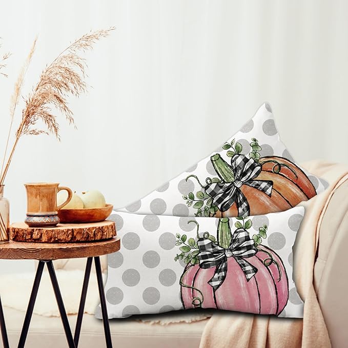 Fall Polka Dots Pumpkin Pillow Covers 12x20 inch Farmhouse Seasonal Autumn Thanksgiving Decor Throw Cushion Case for Home Couch Pillowcase (Pink)