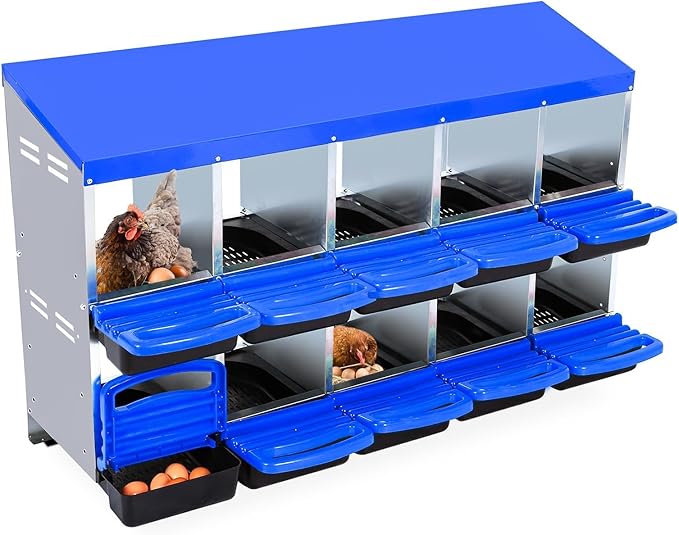 Two-Tier Chicken Nesting Box, 10 Hole Metal Chicken Egg Laying Box with Roll Away, Egg Collection Nesting Boxes for Chicken Coop