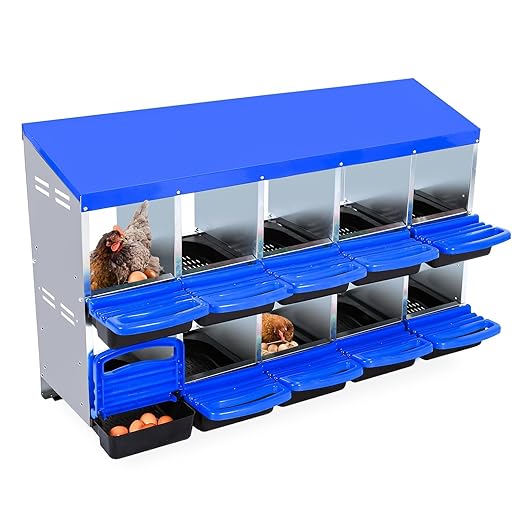 Chicken Nesting Boxes, 10 Hole Metal Chicken Laying Box with with Removable Trays and Roll Out Egg Collection for Chicken Coop, Blue