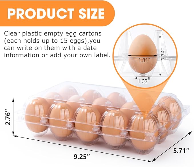 40 Pack Plastic Egg Cartons Cheap Bulk, 1 Dozen Clear Empty Egg Cartons for Chicken Eggs 3x5 Grids, Reusable Egg Carton for Family, Chicken Farm, Markets Display